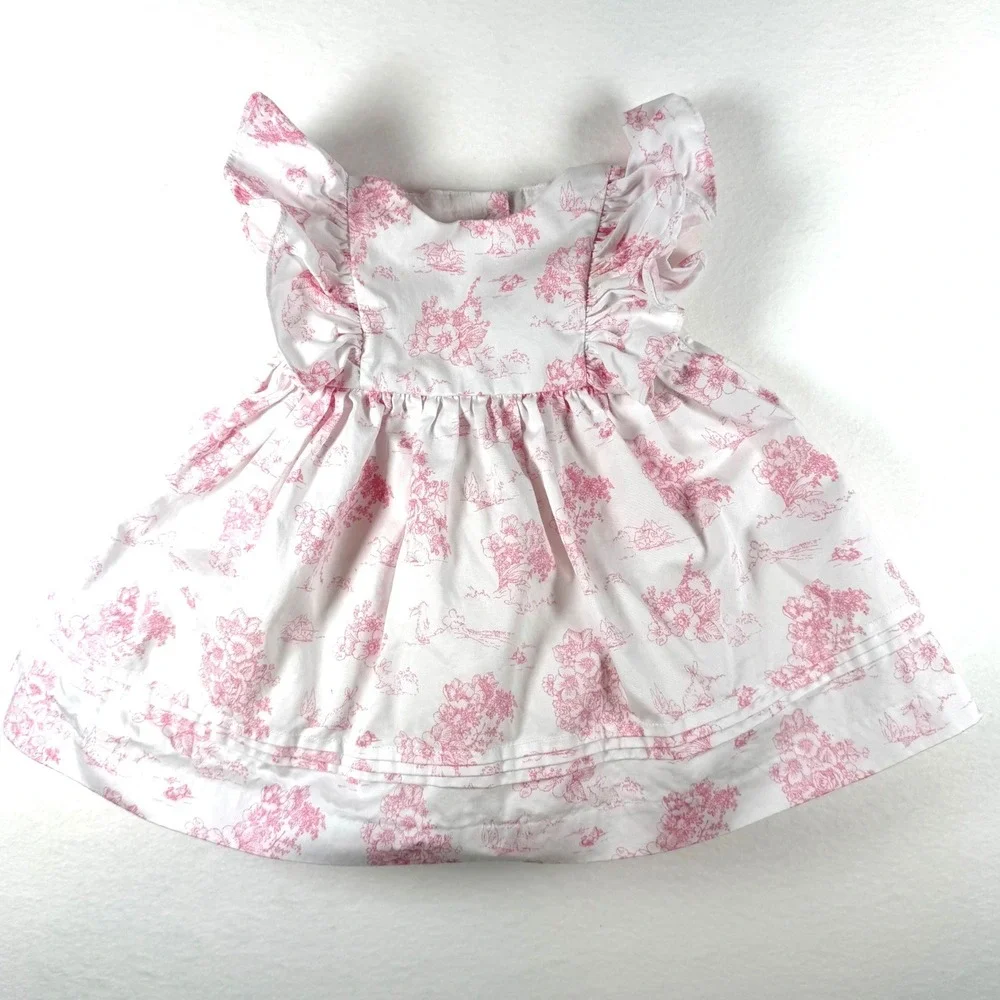 Janie‎ and Jack Baby Girls Pink White Toile Bunny Ruffle Dress 3-6 Months